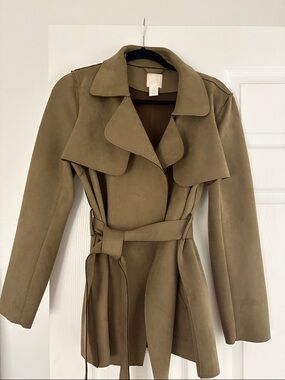 H&M Olive Trench Coat with Draped Collar and Belt
